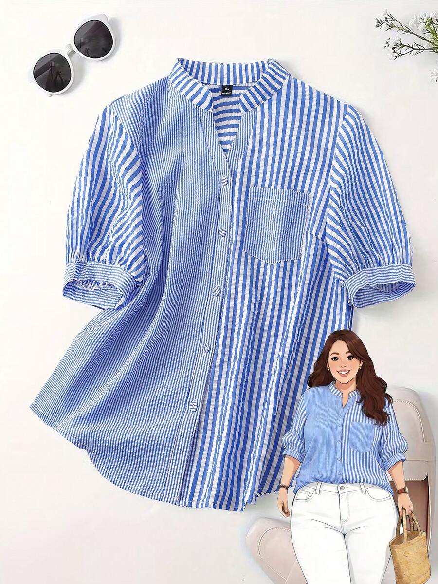 Linhara Plus Size Women's Contrast Color Striped Print Patchwork Full Button Front Pocket Casual Short Sleeve Shirt - Blue - View 1