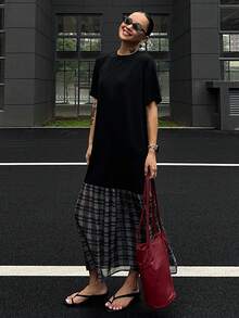 DAZY 女式格纹拼布圆领中长款T恤连衣裙 - 黑色 - 查看 6