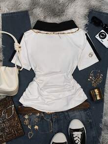 Glimmora 2000 年代复古女式休闲印花 Polo 领短袖上衣，时尚休闲，符合潮流，适合日常穿着、派对和音乐节。 - 彩色 - 查看 3