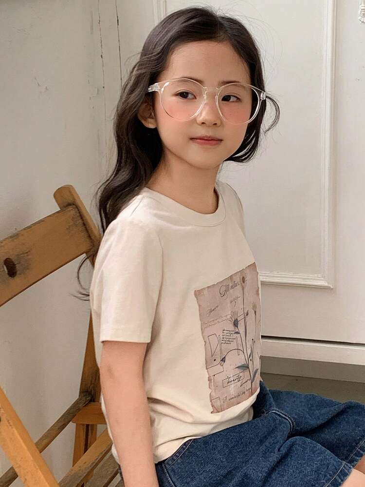 Young Girls Round Neck Solid Color Casual Short Sleeve Printed T-Shirt, Summer Easter