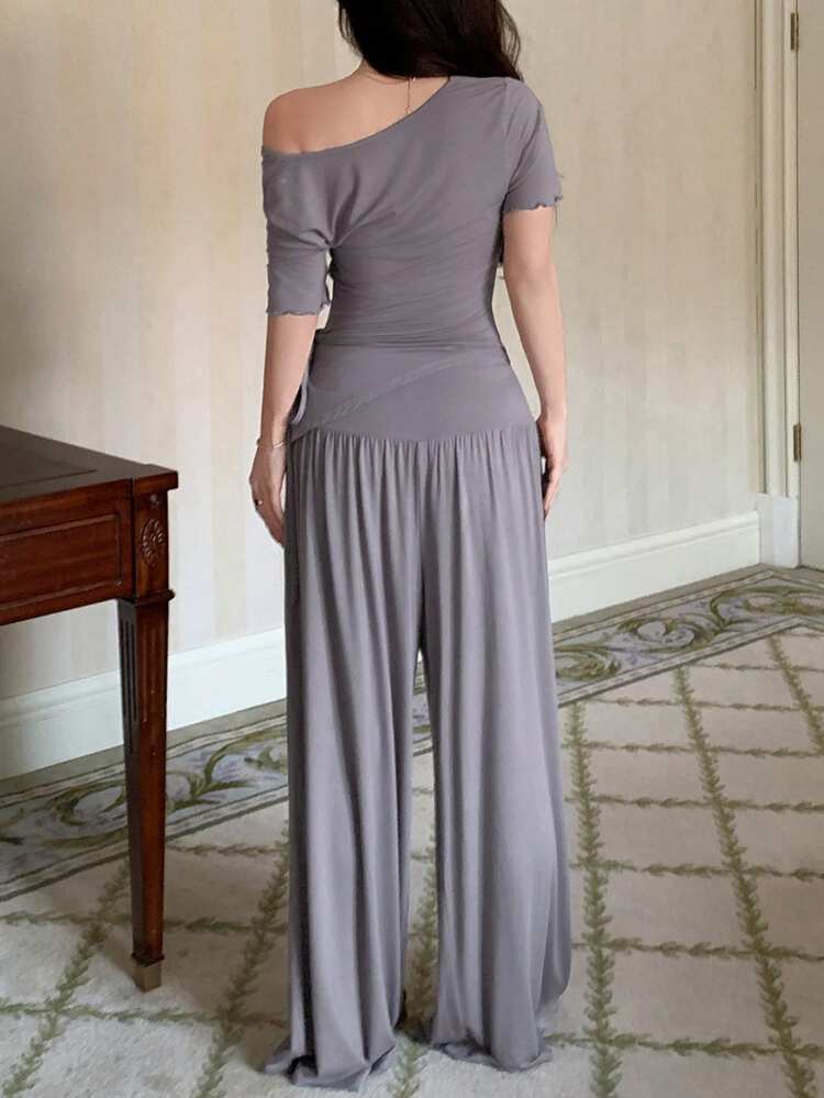 Women's Solid Color Knit Draped Neck Crop Top & Wide Leg Pants/Lounge Pants Pajama Set