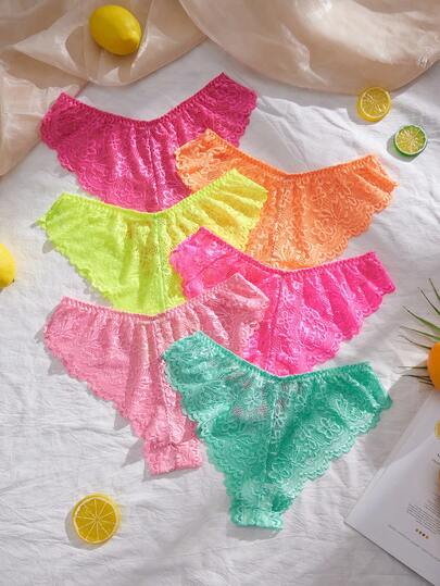 Eraneu 6pcs/Pack Women's Elegant Solid Color Lace Bikini Panties