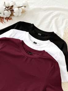 Set Of 3 Slim-Fit Long-Sleeved T-Shirts With Round Neck, 95% Cotton, Minimalist And Casual Style For Women - 多色 9 - 查看 5