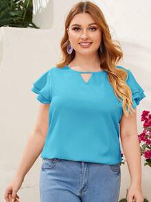 Reflora Blusa elegante de manga corta con cuello de ojo de cerradura, volantes y unicolor para mujer de talla grande - Azul menta - Ver 3
