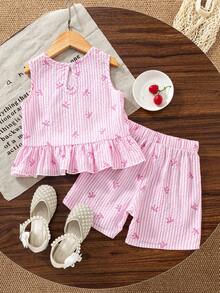 Young Girls T-Shirt Set, Sleeveless Top + Ruffle Hem Babydoll Style, Paired With Matching Shorts, Overall Fresh Casual Set; Soft Pink Tone + Bow Accent, Typical Sweet Style Suitable For Spring-Summer - Pink - View 2