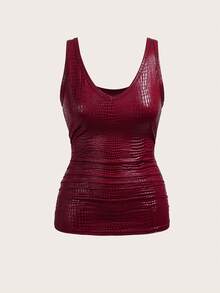 Slaydiva Burgundy Summer 70s Party Women's Textured PU Gathered V-Neck Tank Top,Street Style Slim Fit Casual Sleeveless Shirt For Dates,Club,Nightclub,Outings - Burgundy - View 3