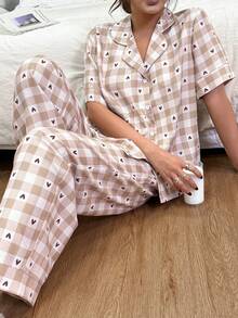Dream Adore 女士格子爱心印花翻领短袖睡衣套装 - 彩色 - 查看 3