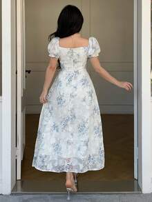 DAZY 2024夏季碎花泡泡袖收腰雪纺连衣裙，法式优雅长款连衣裙 - 彩色 - 查看 2