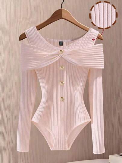 GlowEve Women's Elegant Solid Color Off-Shoulder Bodysuit, Suitable For Spring And Autumn