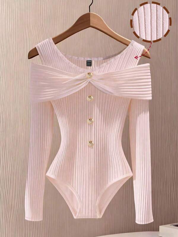 GlowEve Women's Elegant Solid Color Off-Shoulder Bodysuit, Suitable For Spring And Autumn
