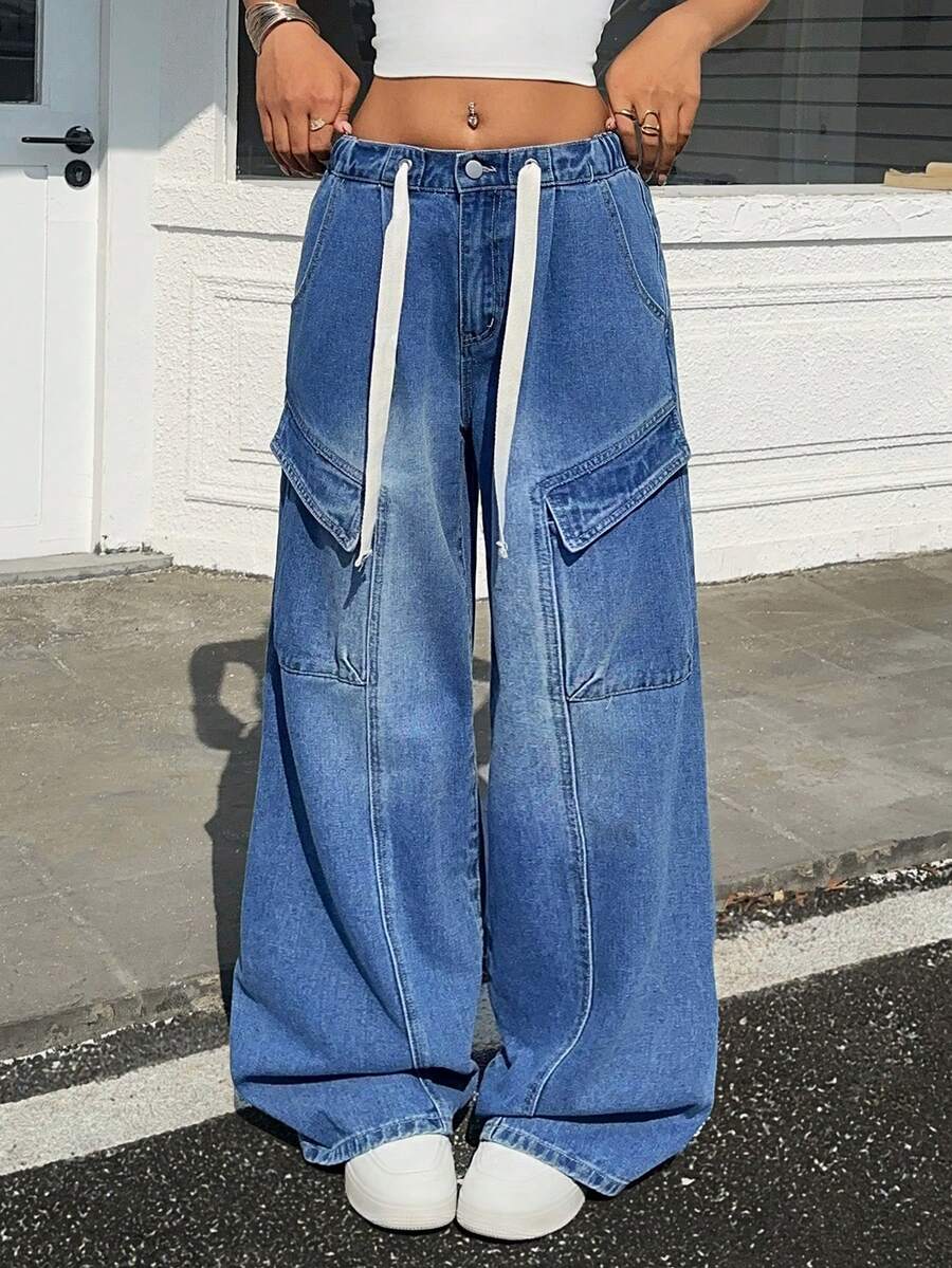 Rivivi Women's Drawstring Waist Cargo Pocket Wide Leg Loose Casual Jeans - Blue - View 1