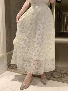 DAZY 女士优雅蕾丝亮片装饰半身裙，春夏款，婚礼宾客礼服 - 米色 - 查看 6