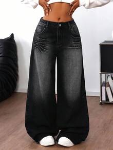 SHEIN ICON 女士交叉图案时尚腰带环宽松牛仔裤 - 黑色 - 查看 3