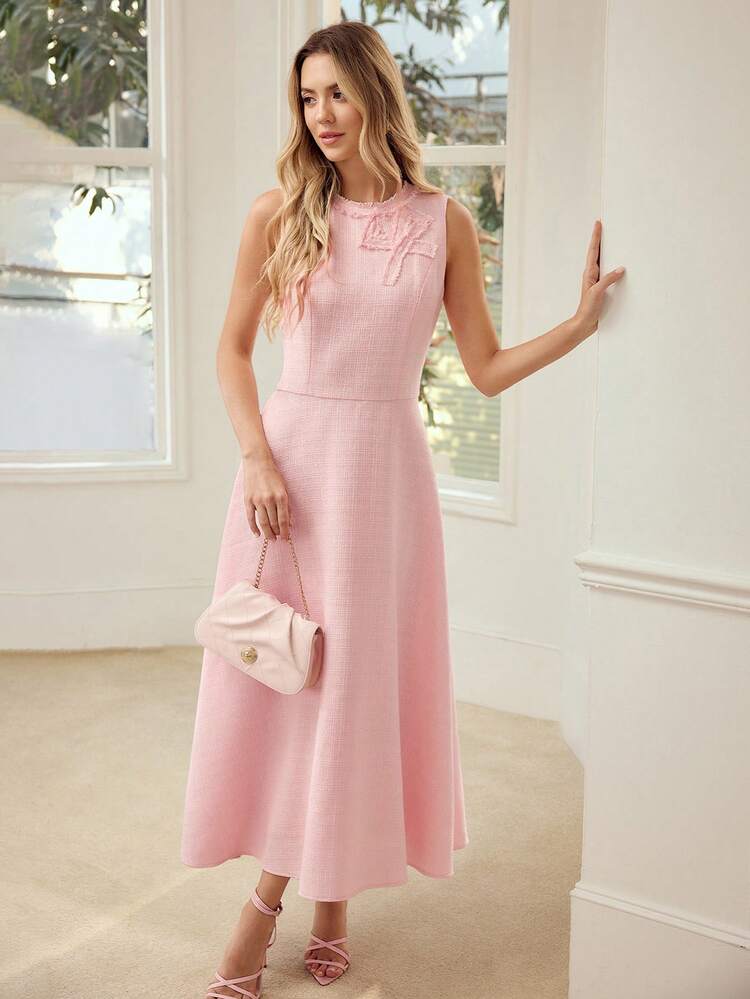 WOMEN'S ELEGANT BOW SLEEVELESS MID-LENGTH DRESS, SUITABLE FOR SPRING/SUMMER DATES