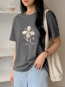 DAZY Áo thun nữ dáng rộng in họa tiết, phong cách đi biển, áo mùa hè dễ thương họa tiết hoa. - Xám - Xem 6