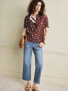 Écloséra Women's Elegant Shirt Commuting Shirt Versatile Shirt French Shirt Printed Pattern Shirt Ruffled Shirt Asymmetrical Shirt Short-Sleeved Shirt - Rust Brown - View 4