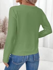 SHEIN LUNE Casual Solid Color V-Neck Long Sleeve T-Shirt For Women, Versatile & Suitable For Spring/Autumn Carnival