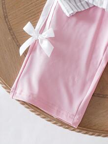 SHEIN 2pcs/Set Baby Girl Infant Toddler 0-3 Years Old Casual Street Style Black T-Shirt And Pants Set - Pink - View 3