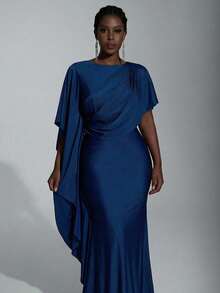 Elitara Plus Size Elegant Luxurious Navy Blue Satin Ruffle Sleeve Sexy Mermaid Hem Bridesmaid Dress - Blue - View 3
