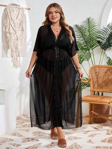 SHEIN CURVE+ Áo khoác đi biển màu đen trơn viền dành cho nữ cỡ lớn - màu đen - Xem 4