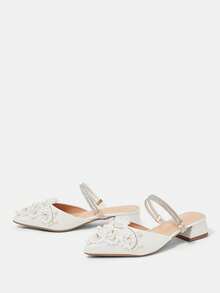 CUCCOO HITCHD 25厘米春夏新款浪漫优雅尖头仿珍珠装饰中跟白色露趾高跟鞋，新娘婚鞋情人节款 - 白色 - 查看 9