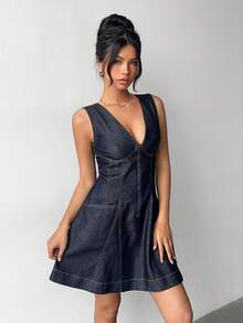 Aloruh Women's V-Neck Zipper Front Sleeveless Casual Denim Dress,Valentine's Day,Summer,Carnival,Beach,Party,Elegant Party Dress,Going Out - Blue - View 6