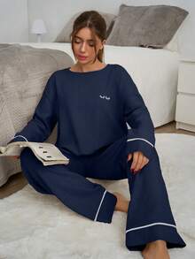 EURMUSE 2pcs Cotton Contrast Piping With Eye Embroidery Detail Homwear Set - Navy Blue - View 1