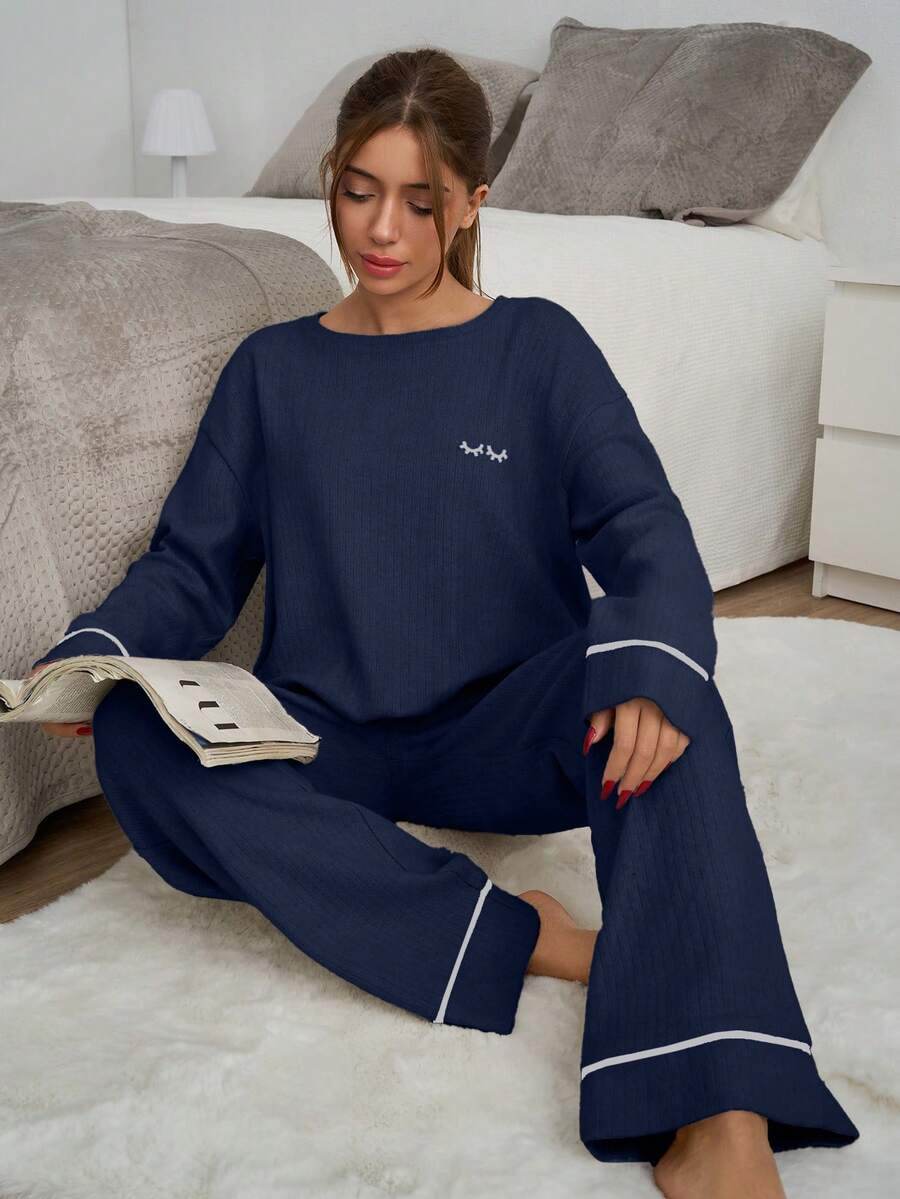 EURMUSE 2pcs Cotton Contrast Piping With Eye Embroidery Detail Homwear Set - Navy Blue - View 1