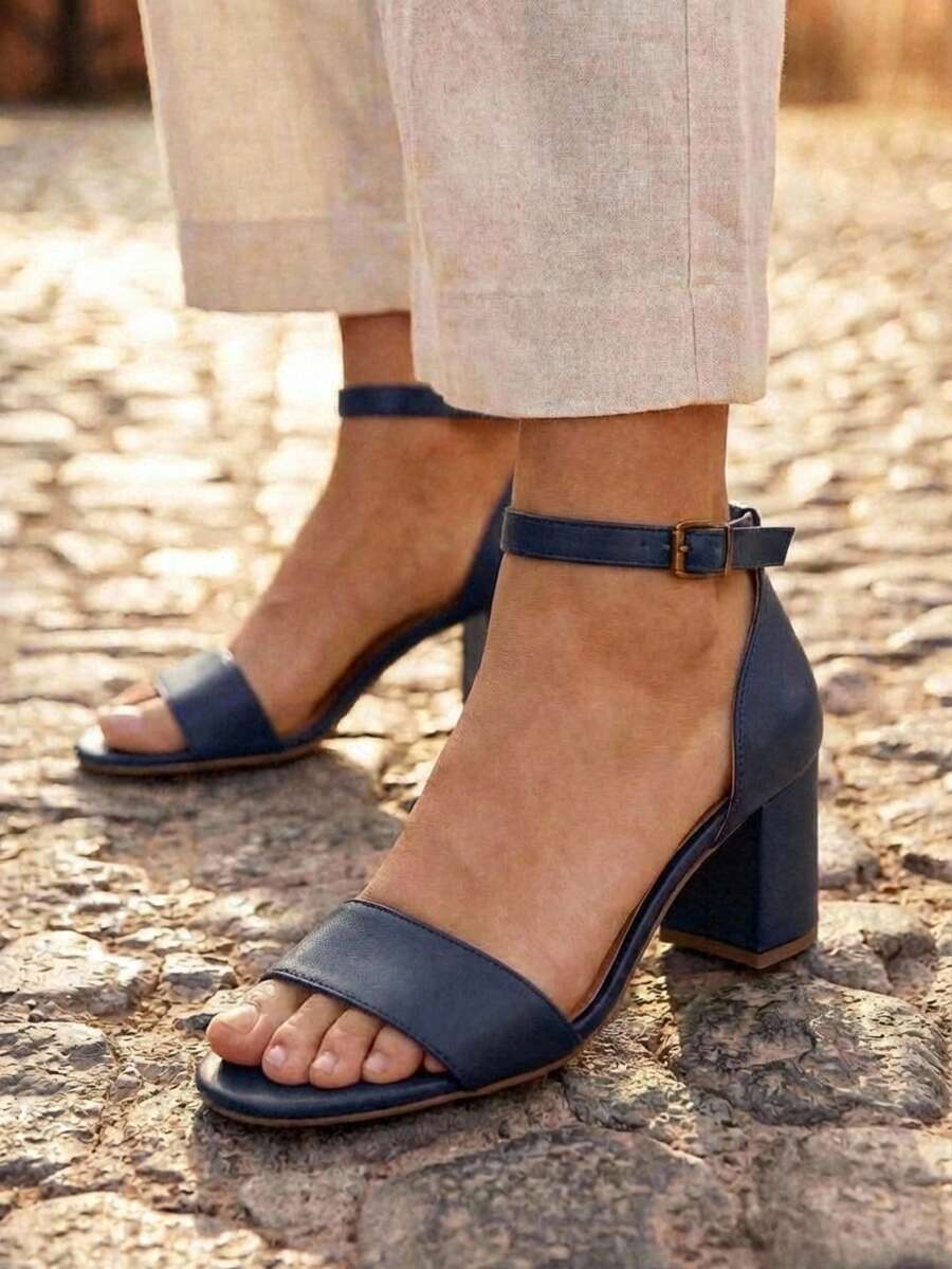 Sandalias De Tacón Grueso Simple Y Elegante Para Mujeres Con Correa De Tobillo - Azul Marino - Ver 1