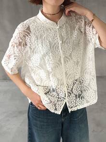 FRIFUL Blusa suelta de moda con encaje y hombros caídos para mujer - Blanco - Ver 5