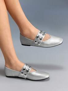 CUCCOO GRLICON Women's Fashion Versatile Commuter Studded Decor Flats Valentine's Day - Silver - View 5