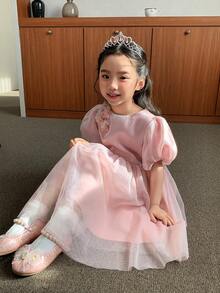 DAZY Young Girls Round Neck Floral Mesh Patchwork Formal Party Birthday Dress - Pink - View 6