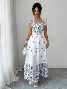 Elenzga Women's Navy Blue And White Printed Square Neck Waist Cinched Cap Sleeve Dress,Elegant,Sophisticated,Summer,Tea Party,Parties,Formal Occasions,Dates - Blue and White - View 5