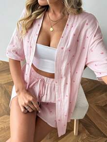 SHEIN LUNE 两件套女士休闲100%纯棉爱心印花短袖开衫和短裤套装 - 彩色 - 查看 8