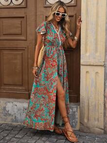 Brillora 春夏度假风梭织印花V领短袖连衣裙（女款） - 彩色 - 查看 6