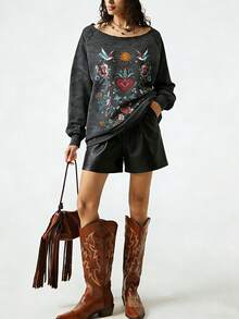 SoleilVie 女士波西米亚风花卉刺绣插肩袖宽松休闲卫衣 刺绣卫衣 图案卫衣 女士上衣 Anthropologie 服装 - 黑色 - 查看 6