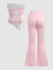 SHEIN Teen Girls Printed Crop Top & Flare Pants Co-Ord Set - Pink - View 2