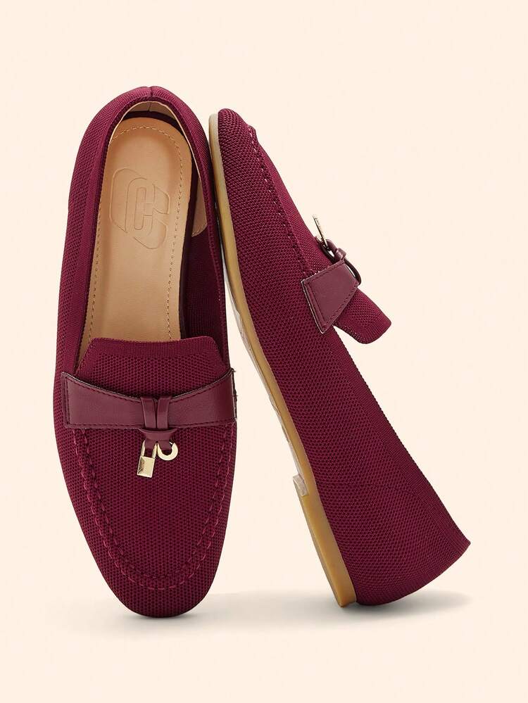 CUCCOO BASICS 女性用ファッション バーガンディーニット生地 通気性抜群 カジュアルローファー、通勤、アウトドアウォーキング、仕事、デイリー着用に適した、多用途フラットシューズ