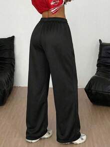 SHEIN 少女宽松休闲舒适中腰撞色抽绳运动裤，秋冬季 - 黑色 - 查看 2