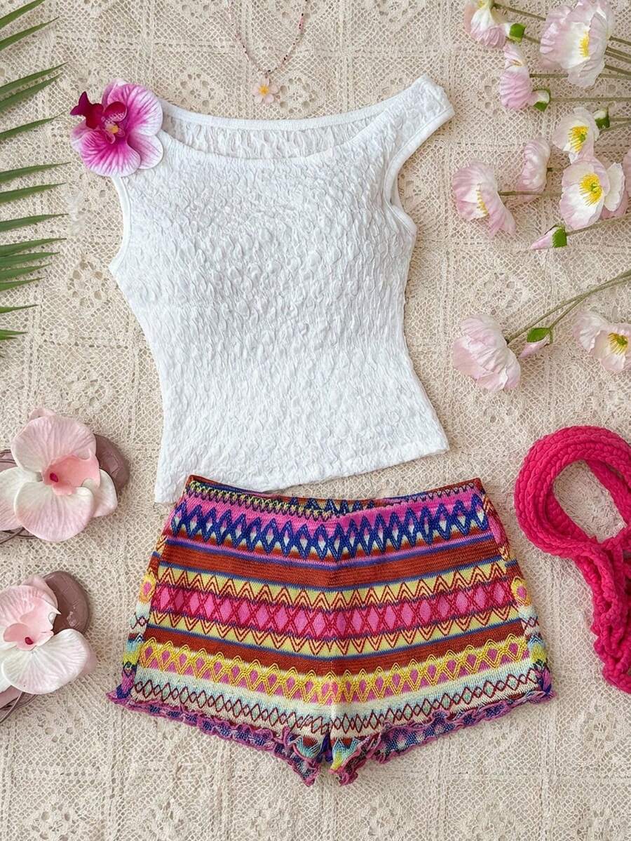 SHEIN Tween Girl 2-Piece Set: White Textured Knit Cold-Shoulder Top & Colorful Striped Skinny Shorts, Summer Tropical Vacation Holiday Crochet Knit Outfit - Multicolor - View 1