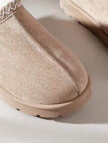 Solecia 女士时尚舒适厚底仿保暖内衬雪地靴，保暖针织边一脚蹬拖鞋，适合室内外穿着 - 杏色 - 查看 6