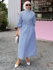 DAZY Vestido feminino elegante com listras e amarração cruzada, ideal para a primavera e o verão. - Azul - Ver 6