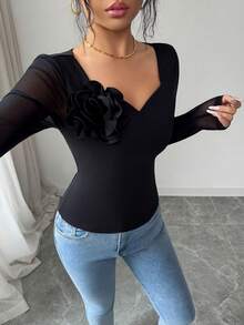 Modelyn Women's Solid Color 3D Floral Decor Mesh Patchwork Long Sleeve Fitted Elegant T-Shirt - Black - View 5