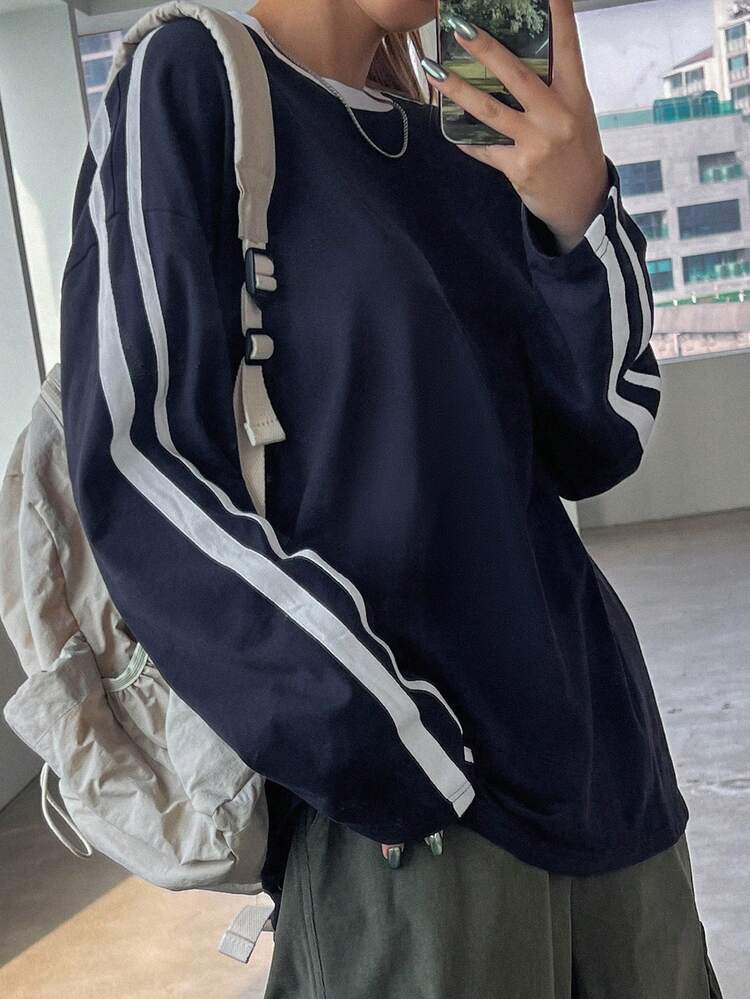 Loose Fit Colorblock Round Neck Long Sleeve Long T-Shirt For Women, Back To School