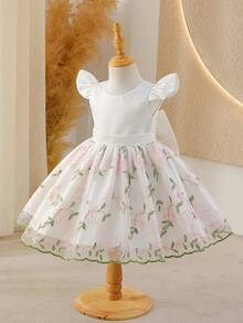 Glamorique Kids 女童无袖白色派对礼服，V领露背，缎面蝴蝶结，刺绣花朵裙摆，优雅适合花童、婚礼、正式场合 - 白色 - 查看 3