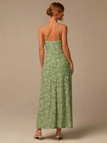 COSMINA Elegant Women's Green Floral Mesh Fabric A-Line Long Dress With Knot Spaghetti Strap Neckline Flared Hem - Green - View 4