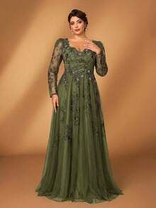 Serin Đầm cỡ lớn sang trọng, thanh lịch màu xám tím đính sequin, tay dài, cổ tim, thiết kế thêu họa tiết, vạt rộng, thích hợp cho tiệc tối, hẹn hò, dạ hội, kỳ nghỉ, đám cưới, hoặc làm đầm cho mẹ cô dâu. - Màu xanh Ô liu - Xem 7