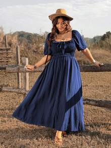 Ceyna Navy Blue Plus Size Boho Off Shoulder Summer Dress For Women,Shirred Square Neck Half Puff Sleeve A Line Flared Hem Holiday Vacation Picnic - Blue - View 5