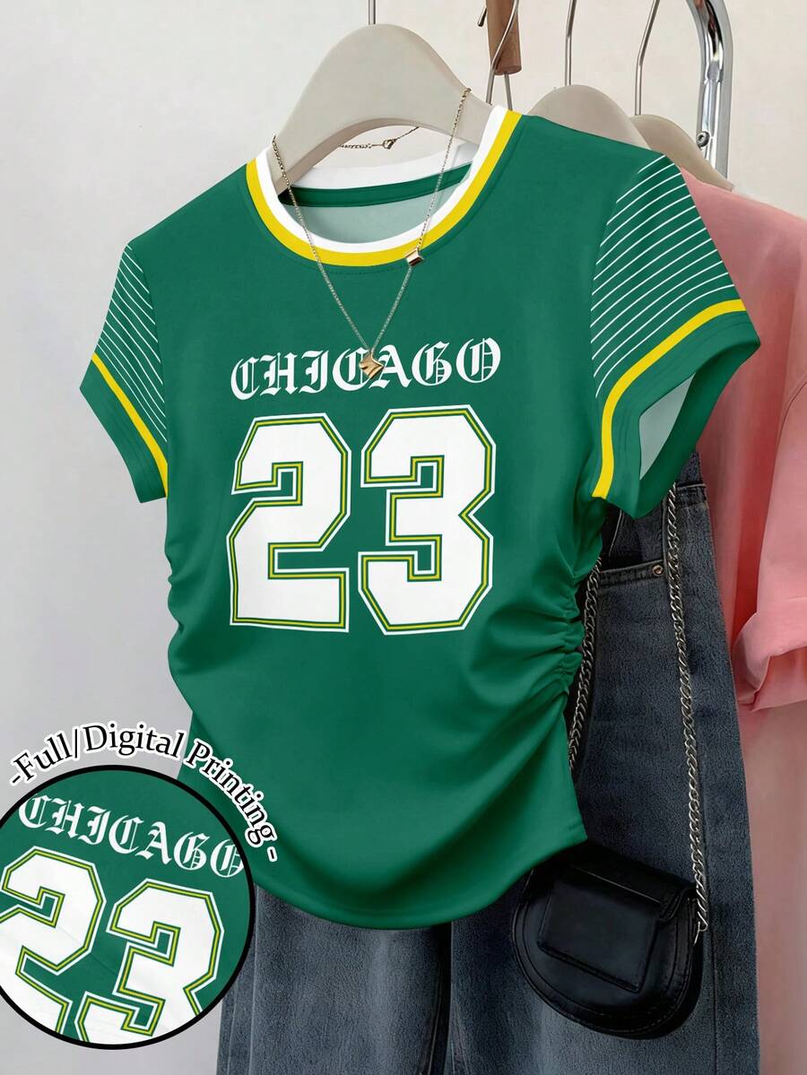 SHEIN Áo thun nữ tay ngắn ôm eo, xếp ly, in chữ Chicago, họa tiết kẻ sọc. - Nhiều màu - Xem 1