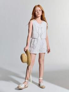 Maija Kids Maija Kids 2pcs Tween Girl Floral Trim Sleeveless Crew Neck Top And Elastic Waist Shorts Set - White - View 4